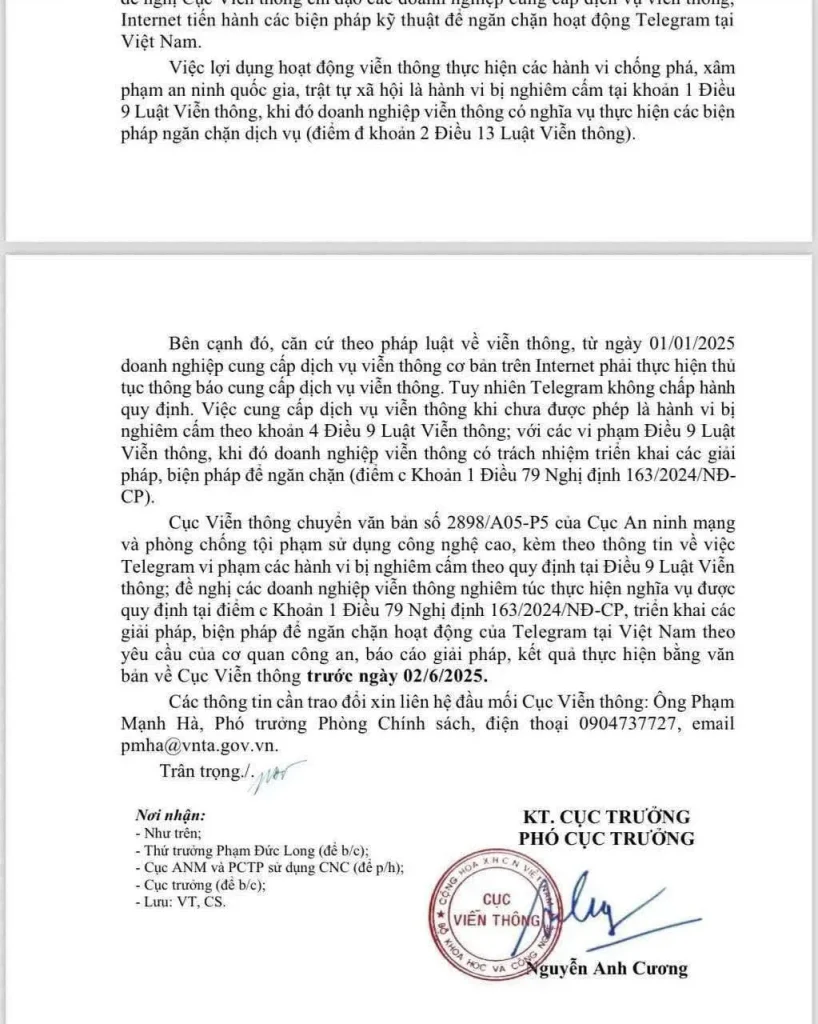 Công văn của Cục viễn thông Việt Nam về việc chặn truy cập ứng dụng Telegram tại Việt Nam chính thức có hiệu lực trước ngày 02/06/2025